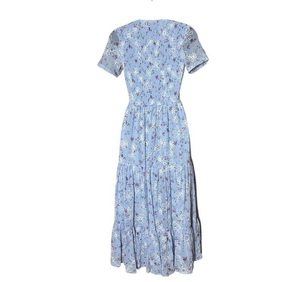 JessaKae women’s xxs blue tiered maxi dress floral smock puff sleeve princess - Picture 4 of 5